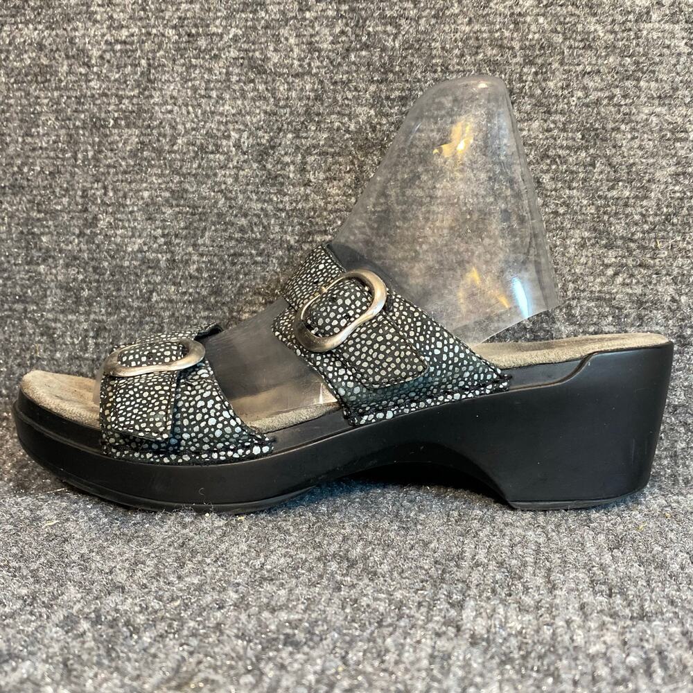 Dansko Womens 38 US 7.5 Wedge Slip On Black Silver Leather Buckle Slide Sandals